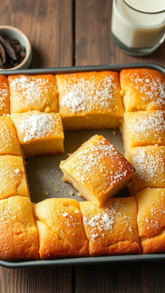 Moist vanilla snack cake squares dusted with powdered sugar on a wooden table, with vanilla beans and milk.